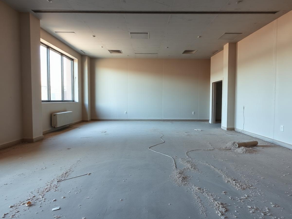 Commercial space before cleaning, construction dust and debris across the floor